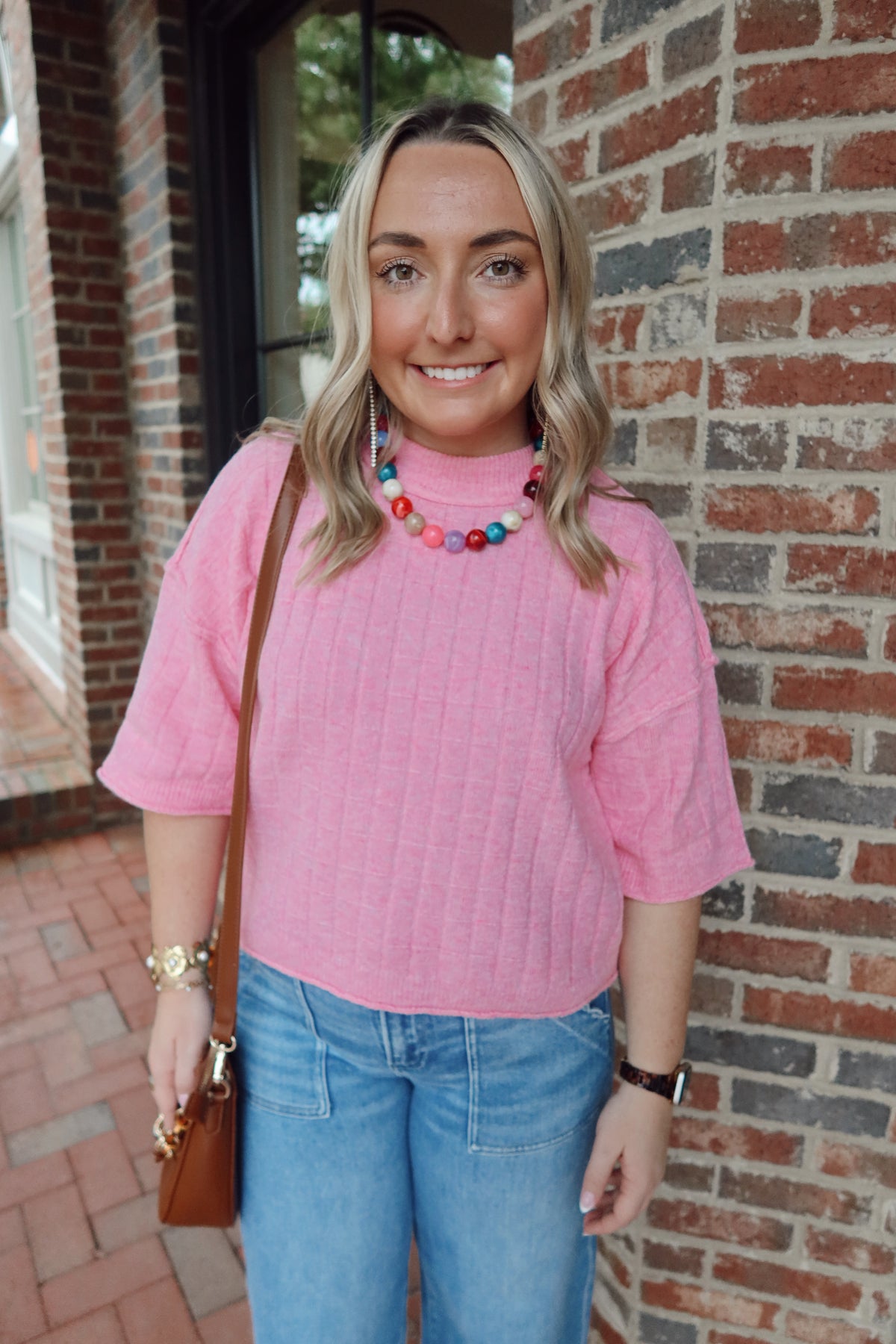 Pink Ribbed Short Sleeve Knit Top
