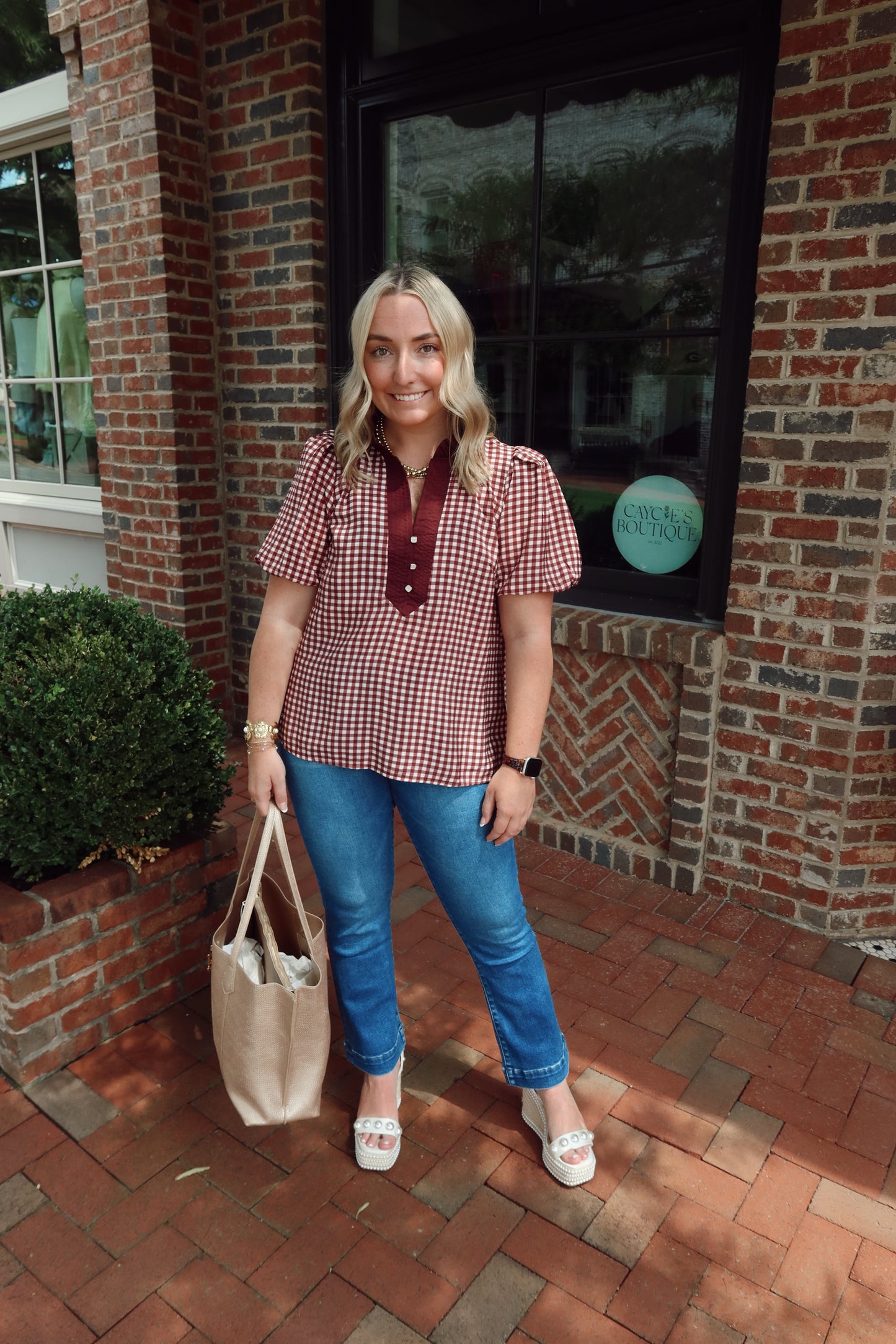 Merlot Gingham Puff Sleeve Top