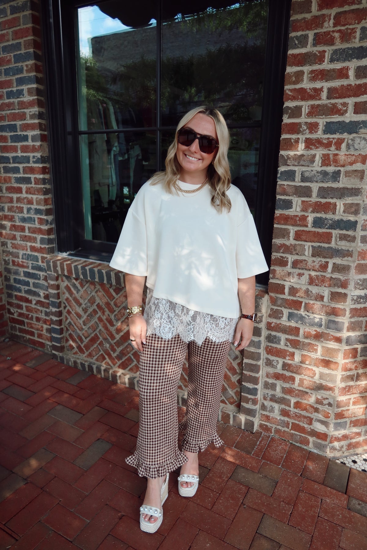 Brown Gingham Ruffle Trousers