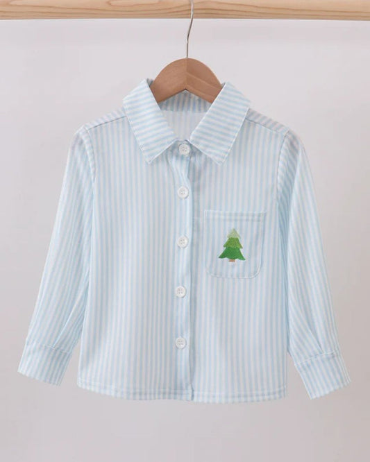 Blue Striped Christmas Tree Button Down