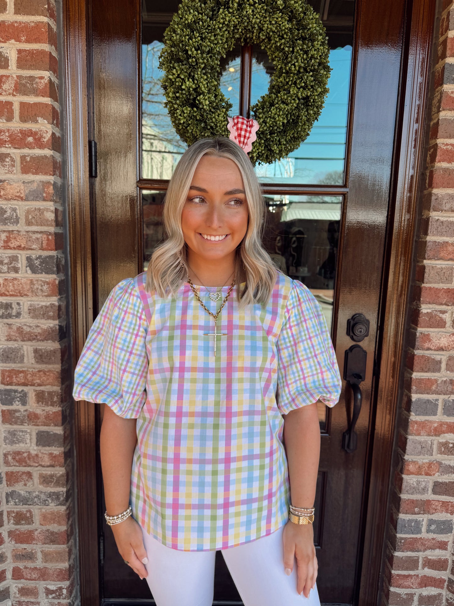 Pastel Gingham Puff Sleeve Top