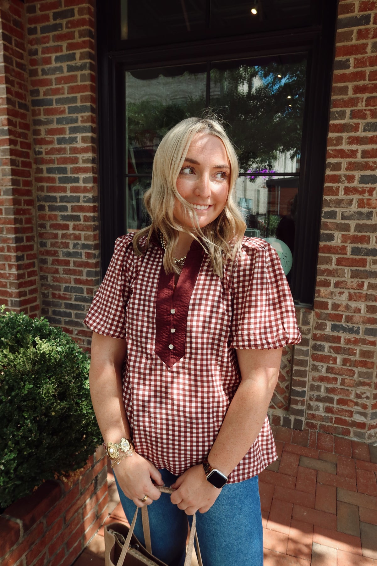 Merlot Gingham Puff Sleeve Top