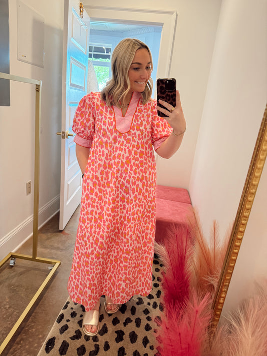 Pink & Orange Leopard and Gingham Puff Sleeve Maxi Dress