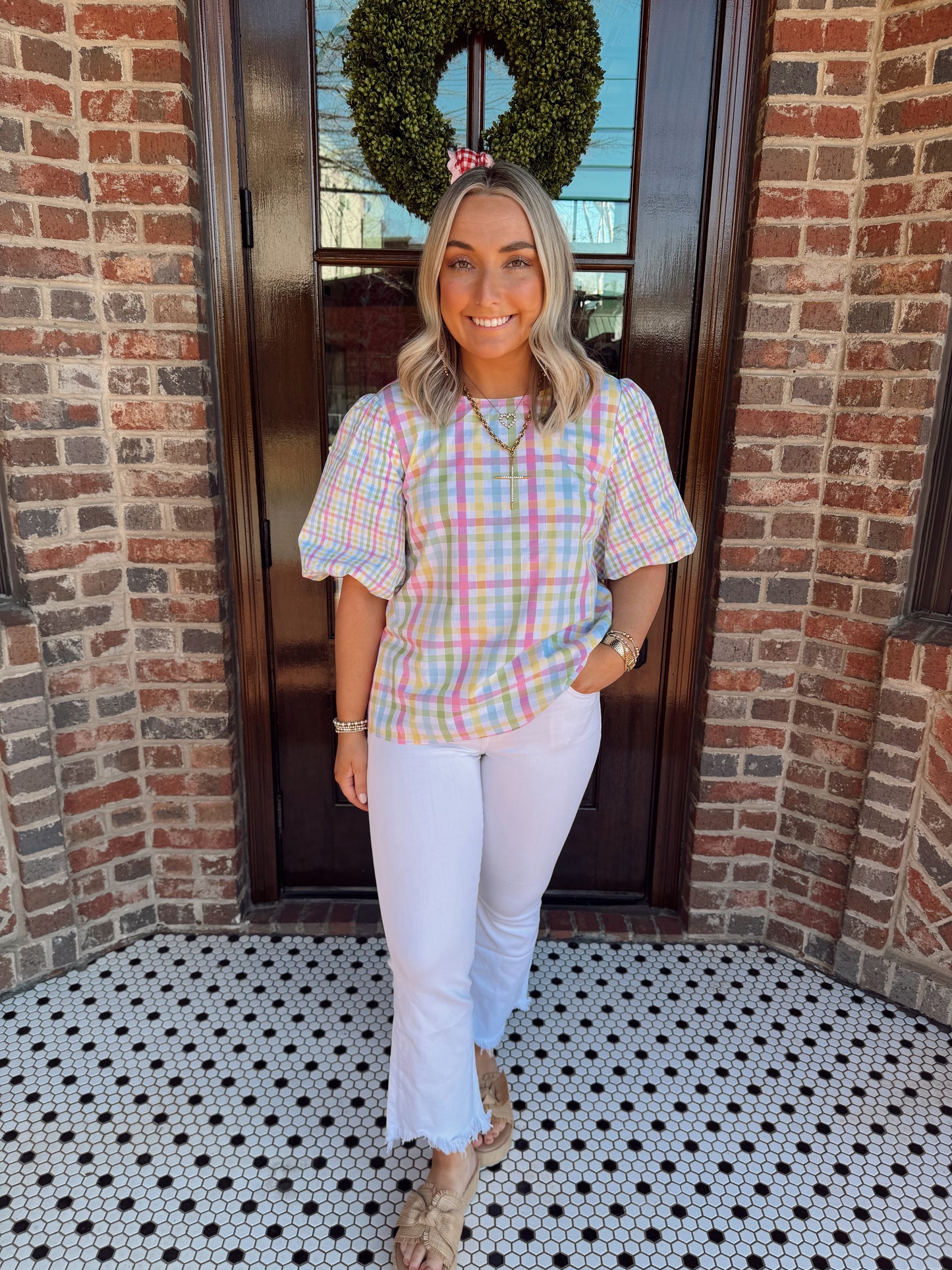 Pastel Gingham Puff Sleeve Top
