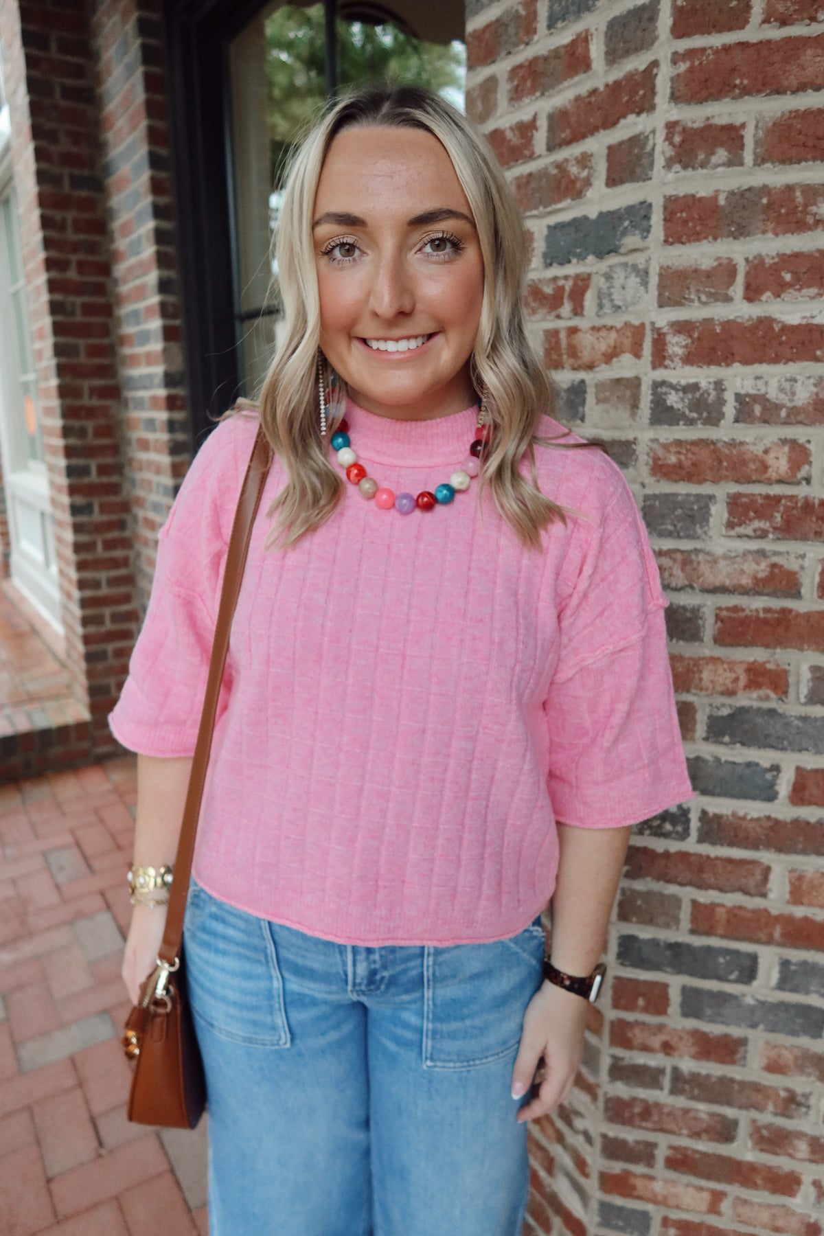 Pink Ribbed Short Sleeve Knit Top