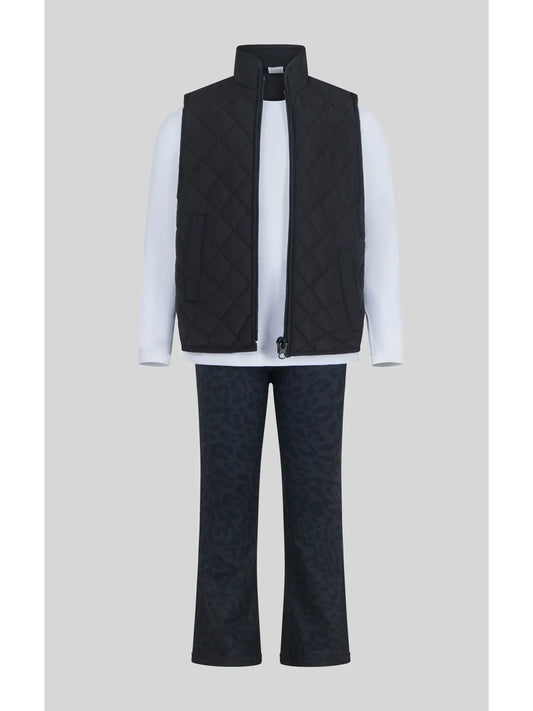 Youth Girls | Black Leopard Puffy Vest, Top & Flare Pant Set