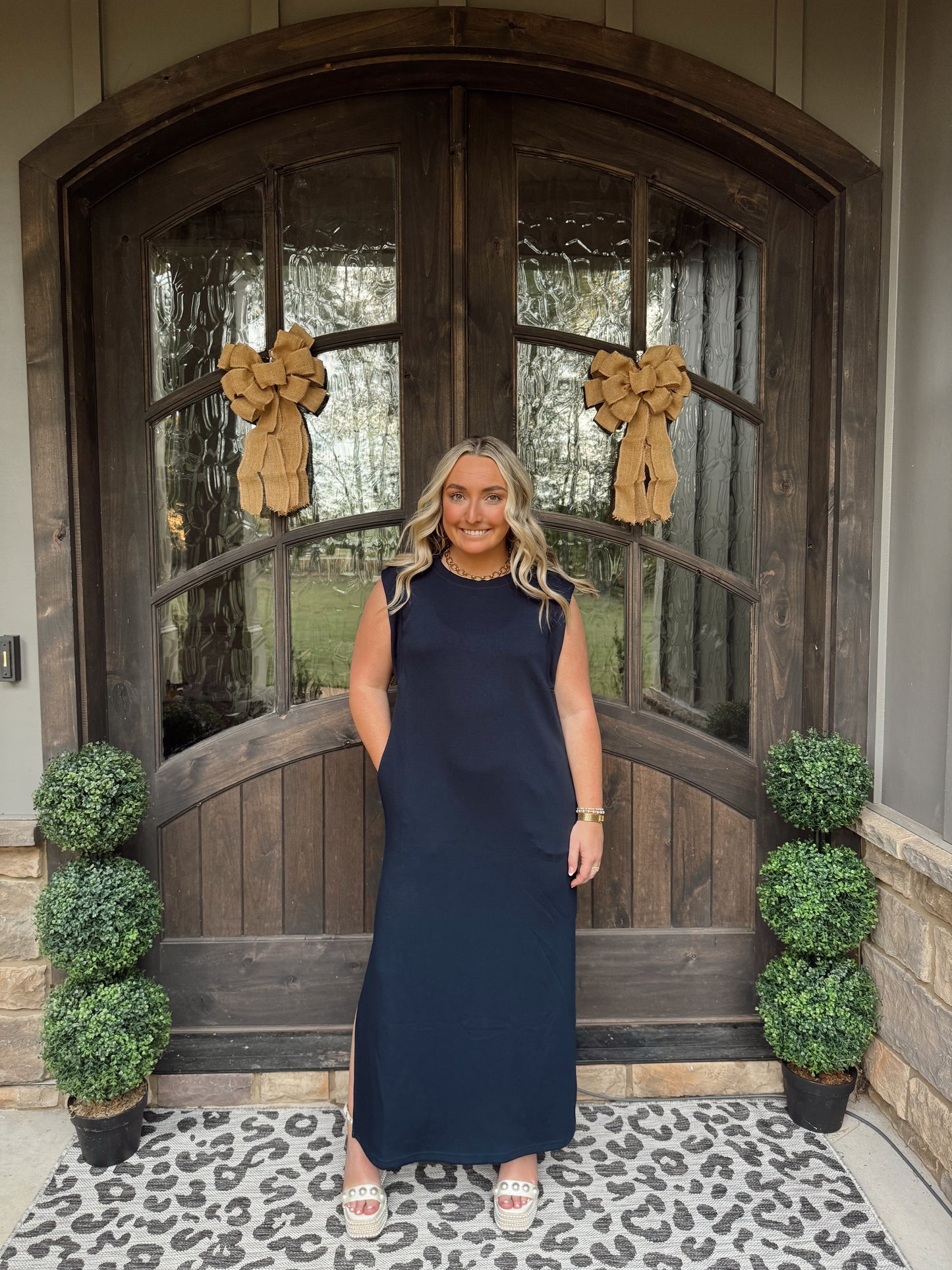 Navy Jersey Knit Midi Dress