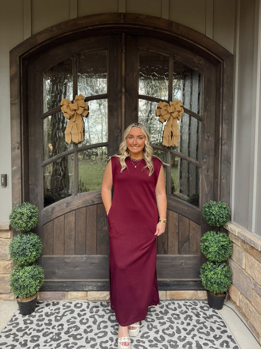 Wine Jersey Knit Midi Dress