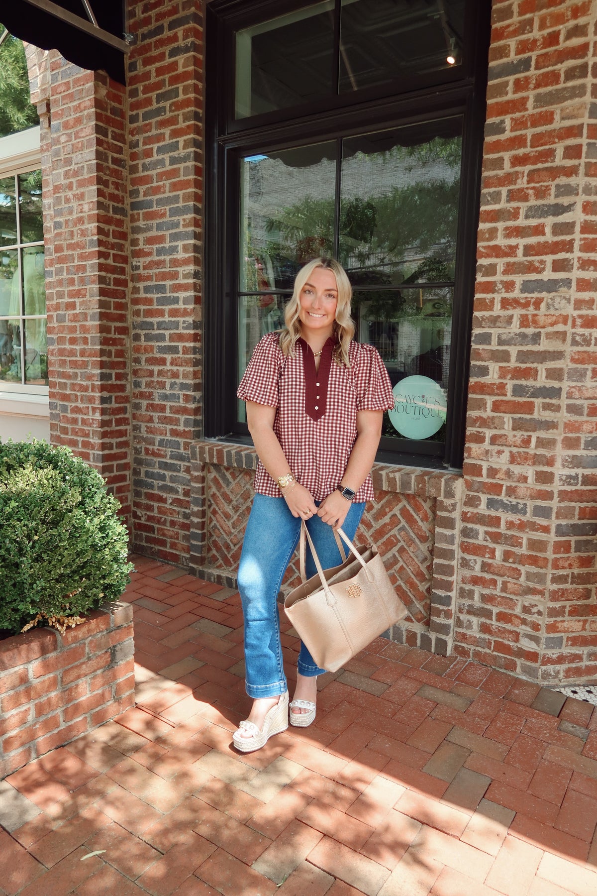 Merlot Gingham Puff Sleeve Top