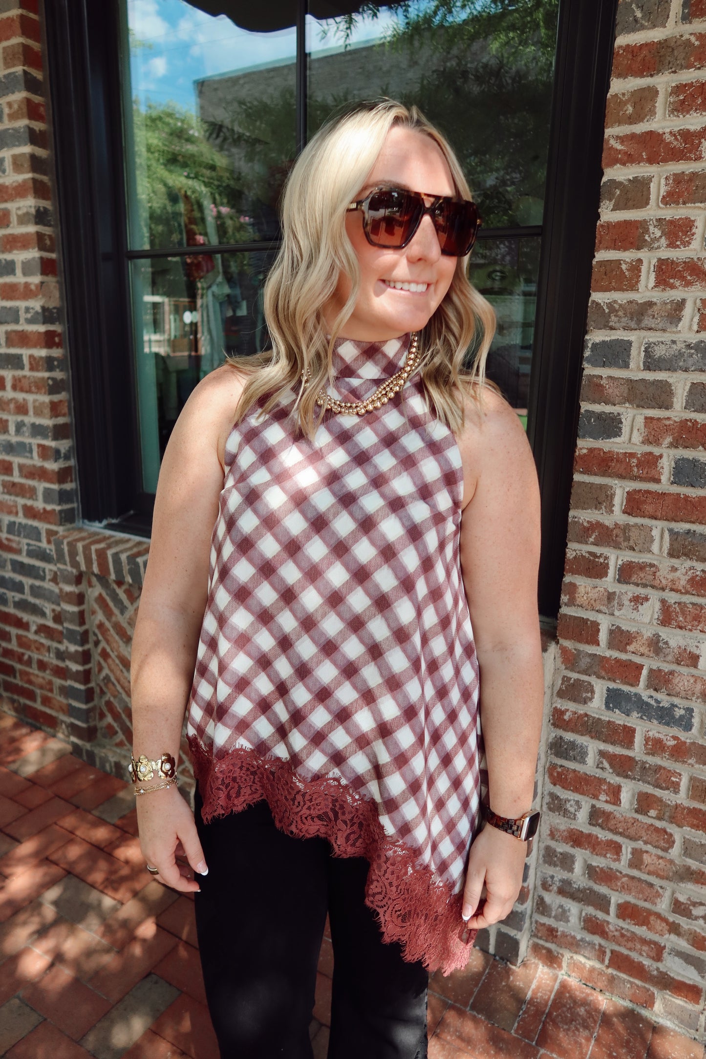 Merlot Checkered Lace Top & Pant Set