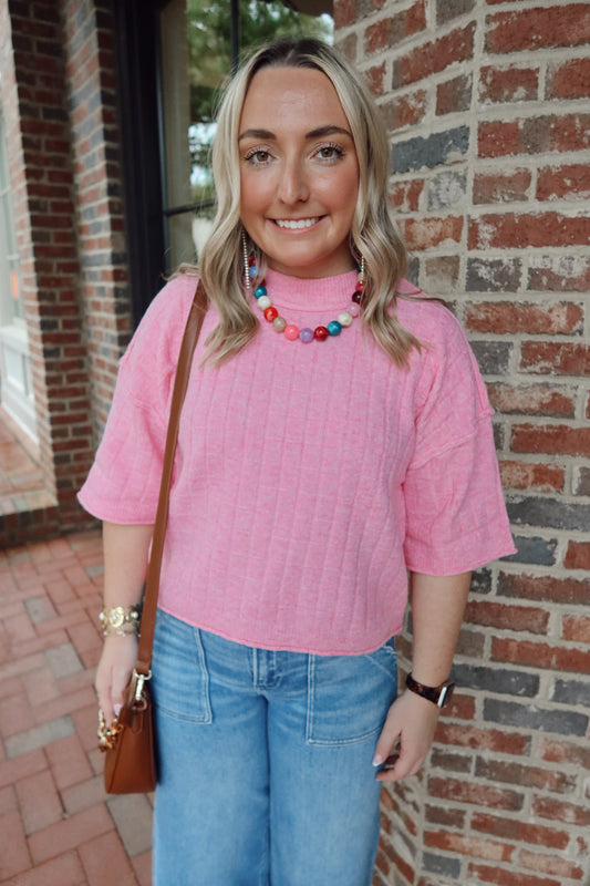 Pink Ribbed Short Sleeve Knit Top