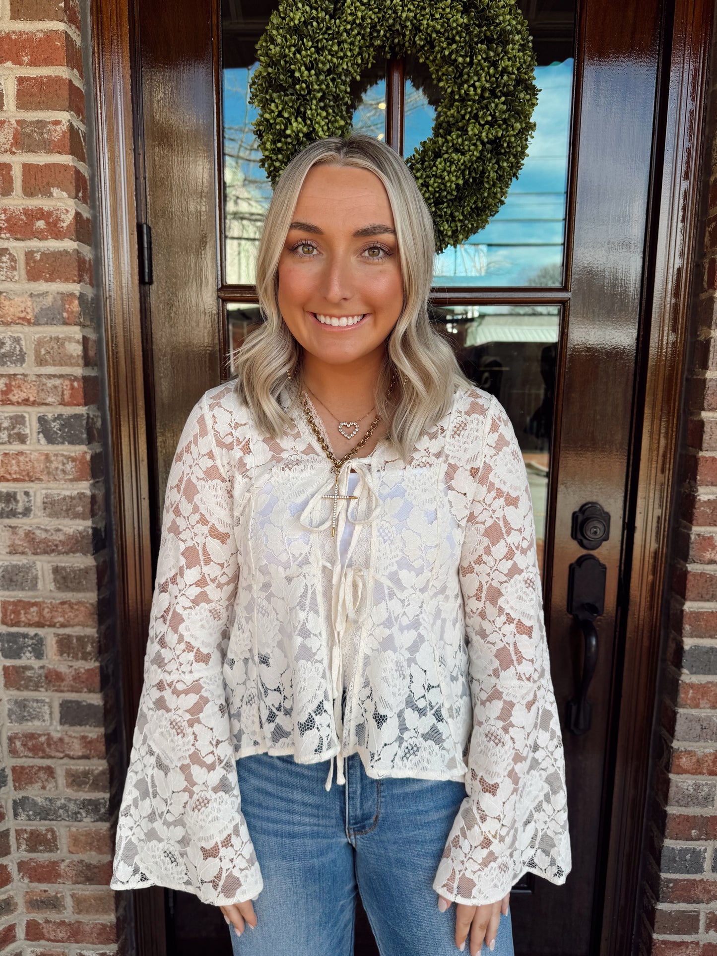 Floral Lace Trumpet Sleeve Blouse