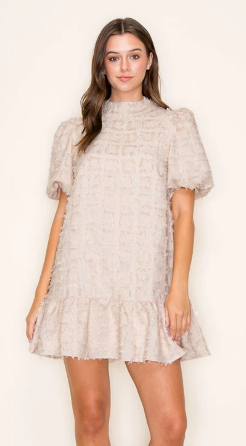 Graceful Puff Sleeve Taupe Ruffle Dress