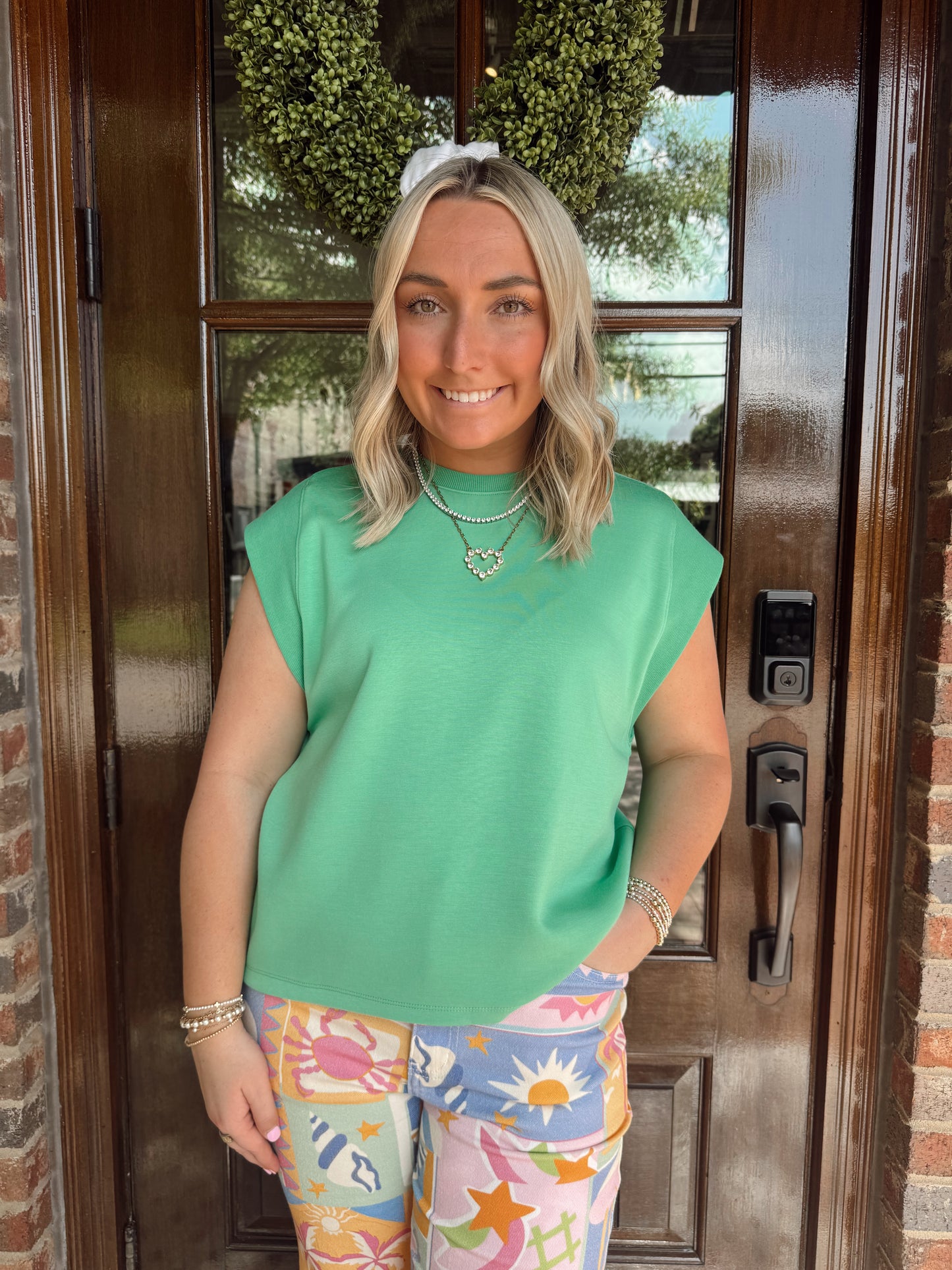 Kelly Green Cap Sleeve Crewneck Top
