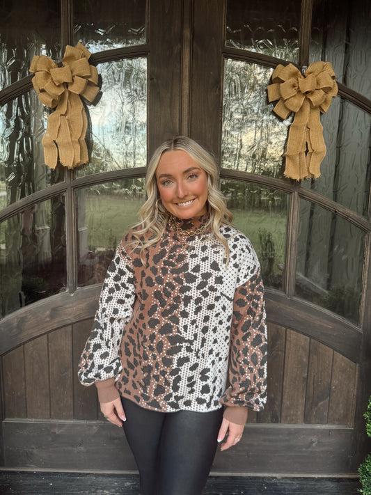 Animal Print Jacquard Mock Neck Sweater