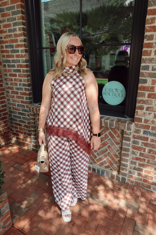 Merlot Checkered Lace Top & Pant Set