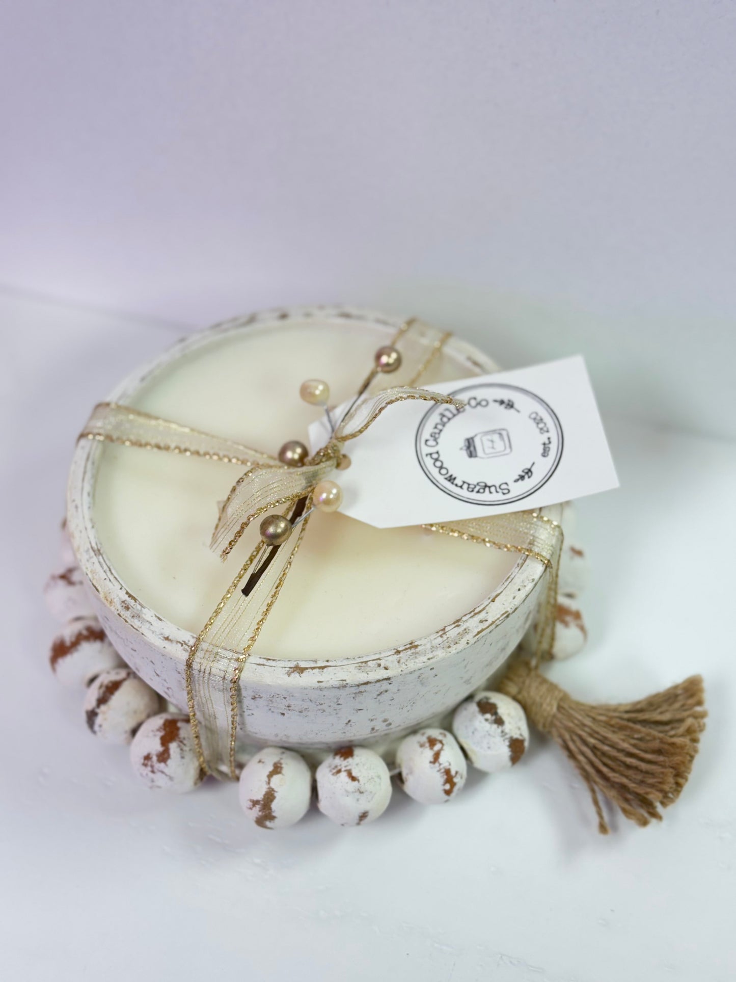 White Beaded Dough Bowl Candle