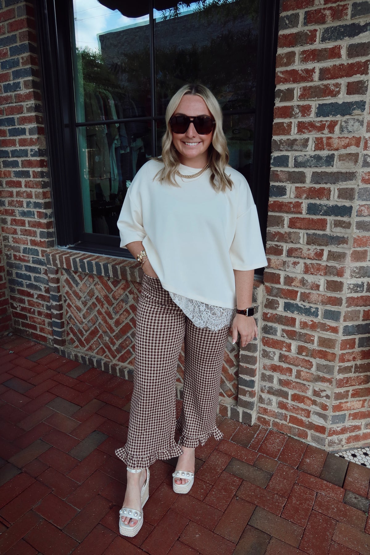 Brown Gingham Ruffle Trousers