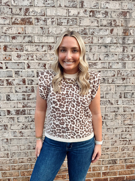 Ecru Leopard Cap Sleeve Sweater Top