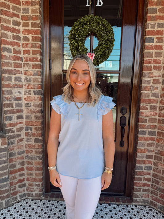 Sky Blue Bow Back Flutter Sleeve Top