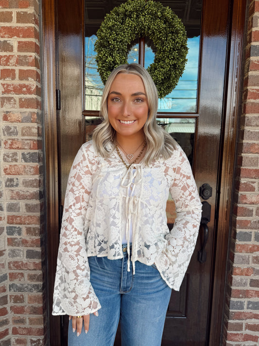 Floral Lace Trumpet Sleeve Blouse