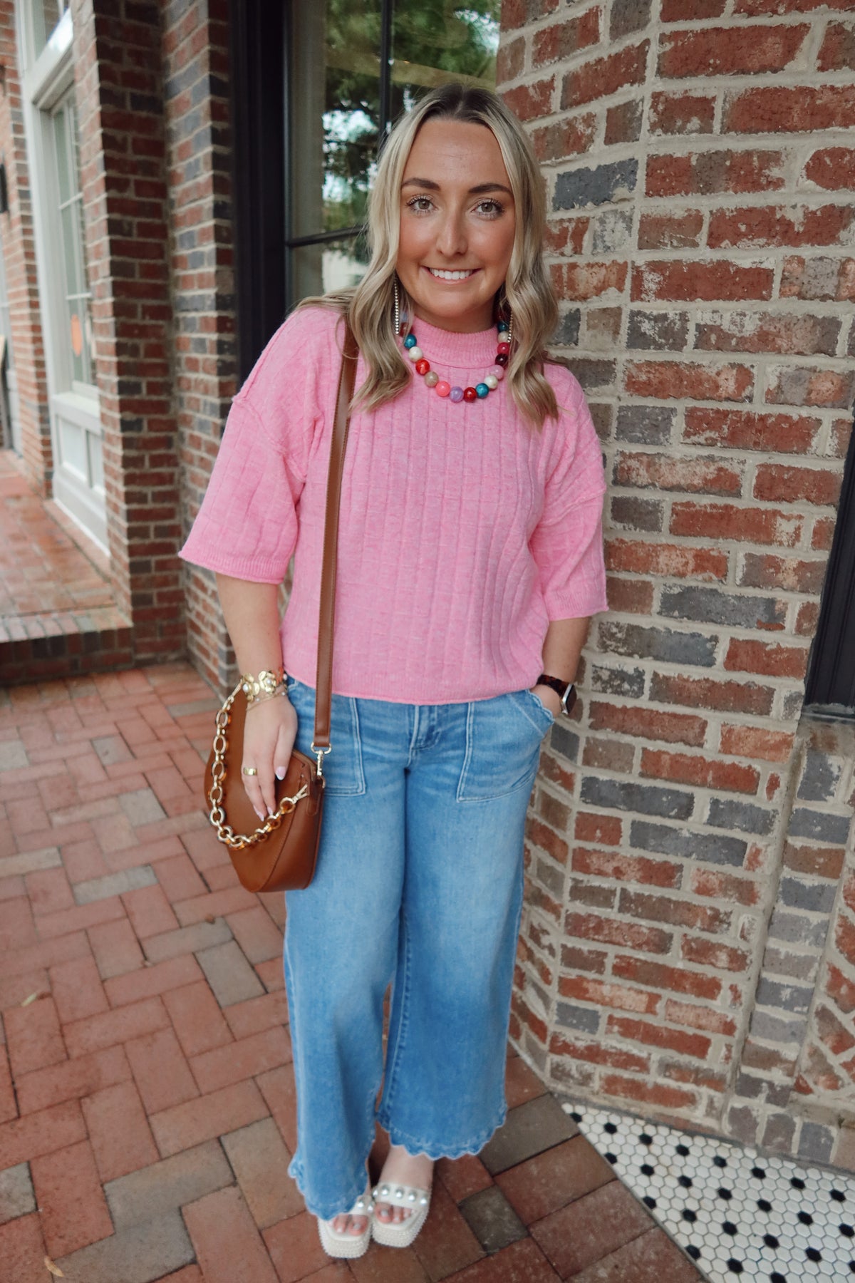 Pink Ribbed Short Sleeve Knit Top