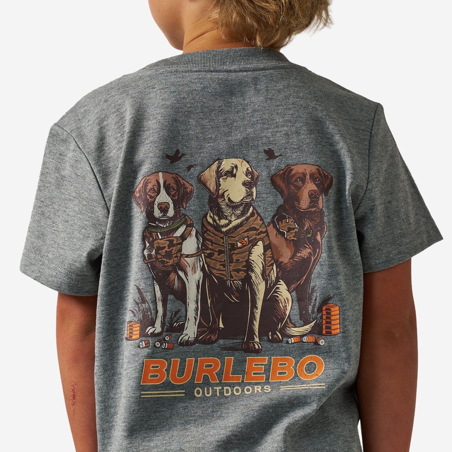 Burlebo Youth Short Sleeve Tee | Camo Duck Dogs - Dark Heather Grey