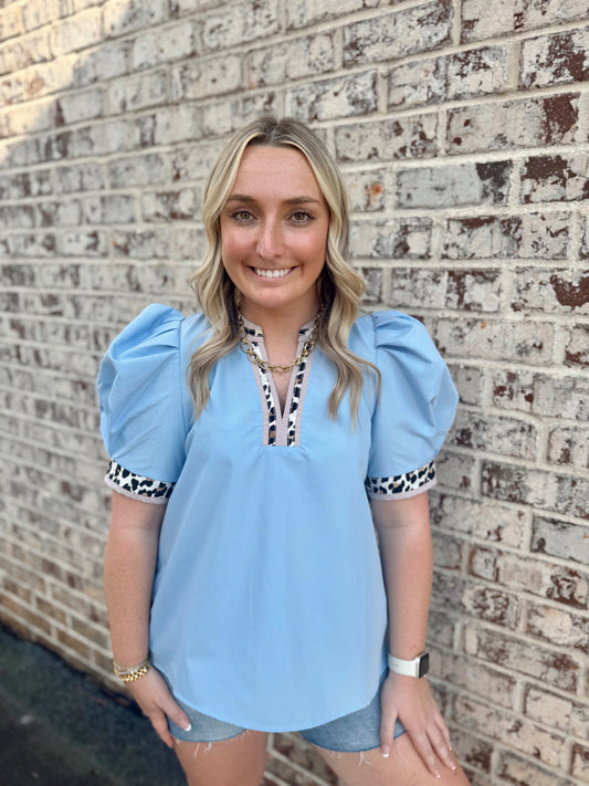Sky Blue Leopard Accented Puff Sleeve Top
