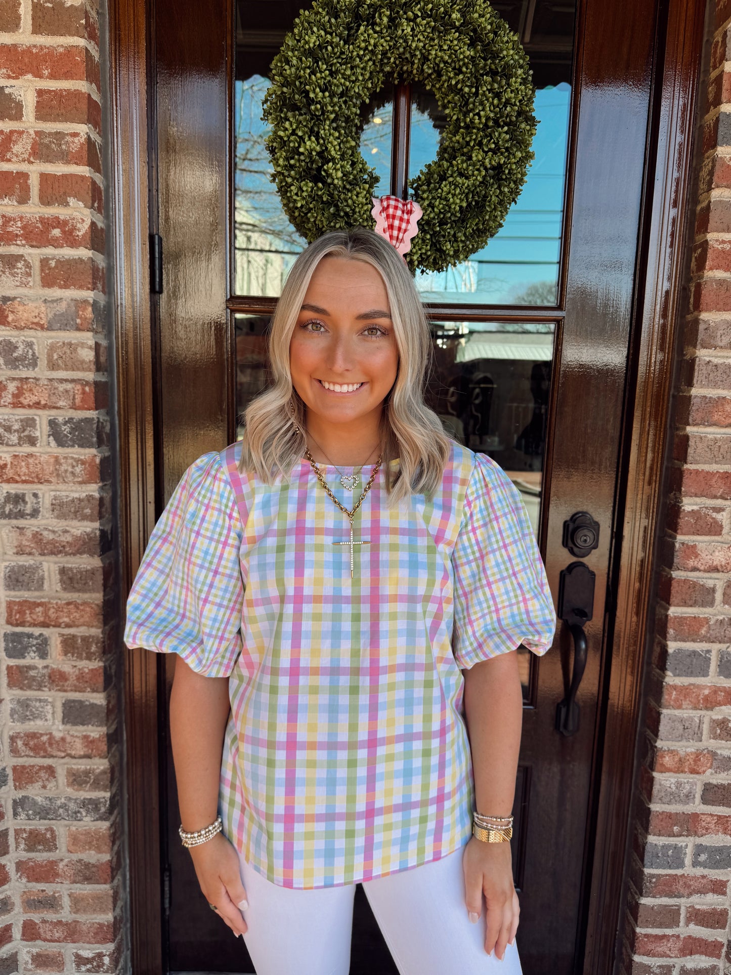 Pastel Gingham Puff Sleeve Top