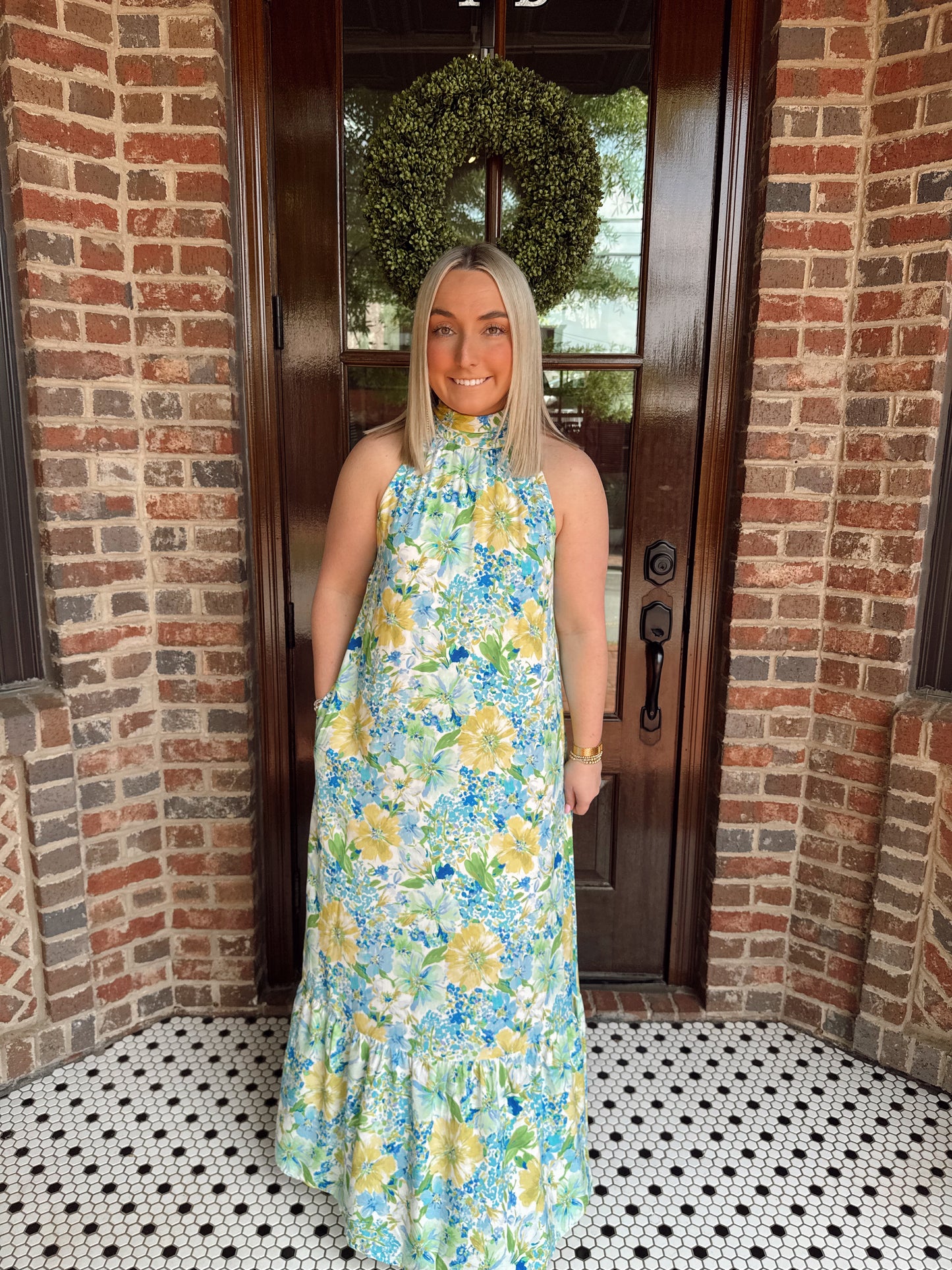 Oceanside Floral Halter Mock Neck Maxi Dress