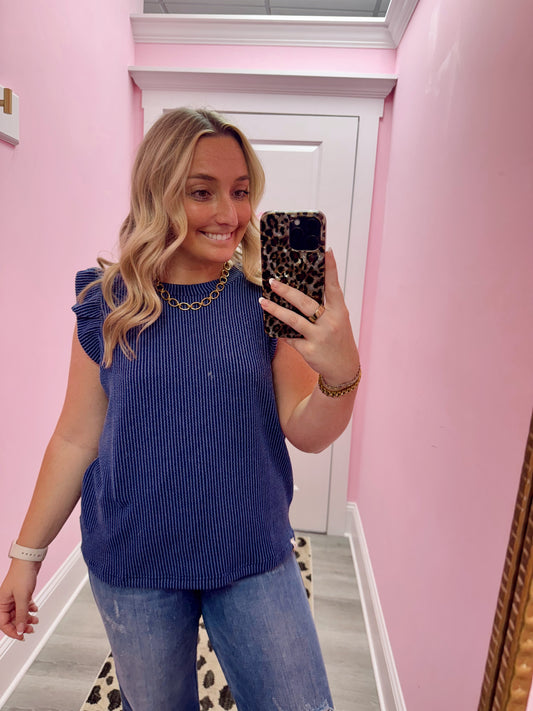 Navy Ribbed Flutter Sleeve Top