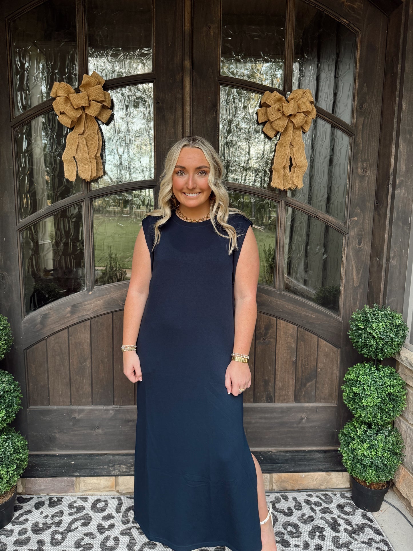 Navy Jersey Knit Midi Dress