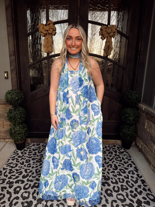 Strapless Blue Floral Maxi Dress (Convertible Scarf)