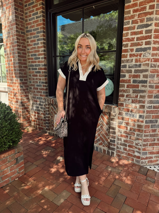 Black V-Neck Midi Dress