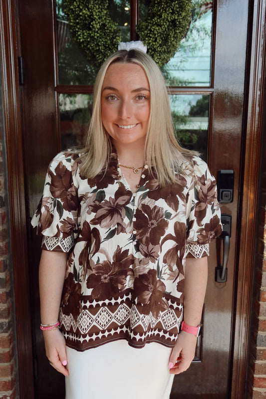 Espresso Blooms Puff Sleeve Top