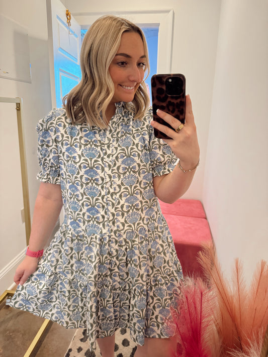 Lillian Blue Green Floral Puff Sleeve Mini Dress