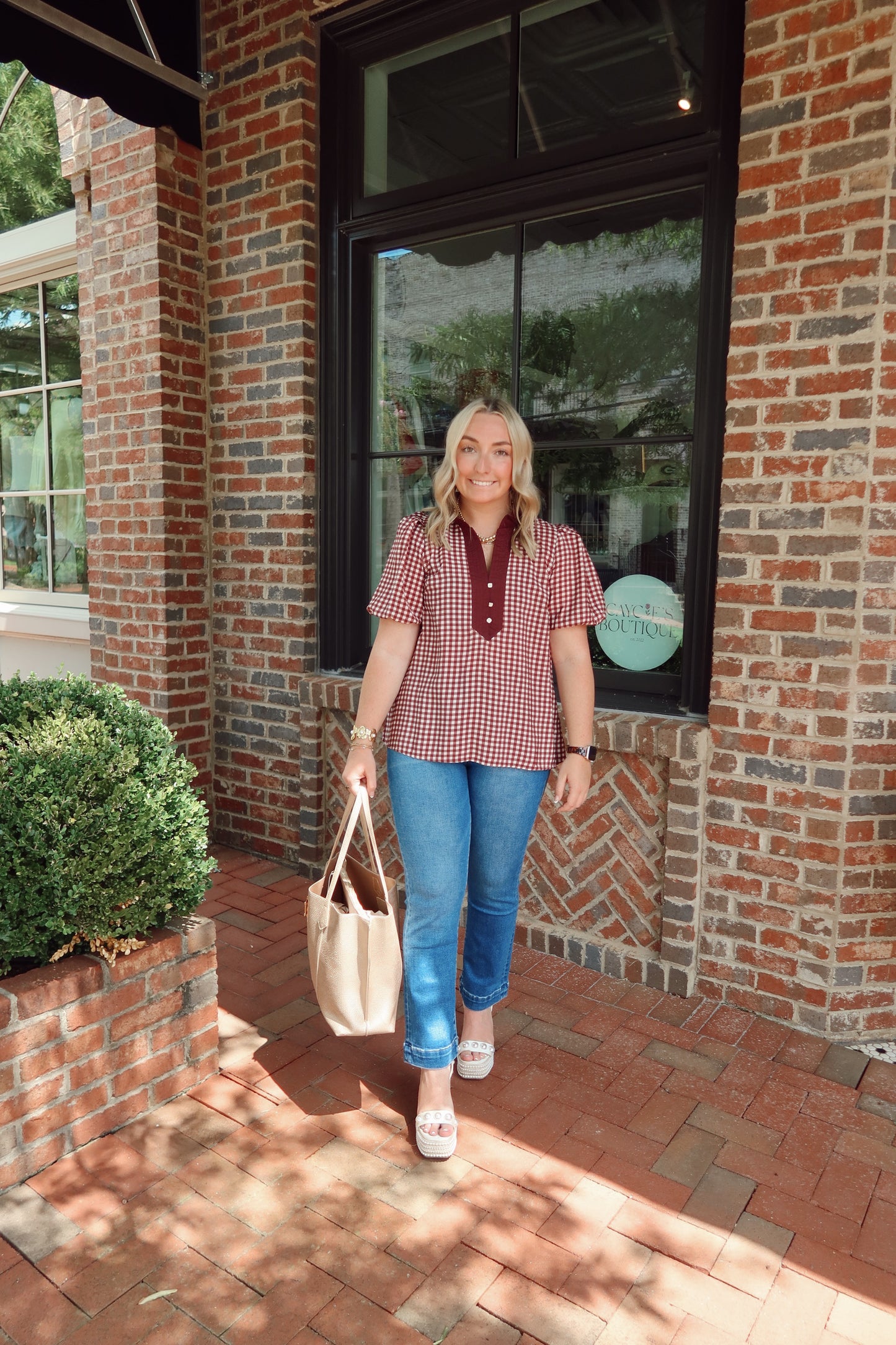 Merlot Gingham Puff Sleeve Top