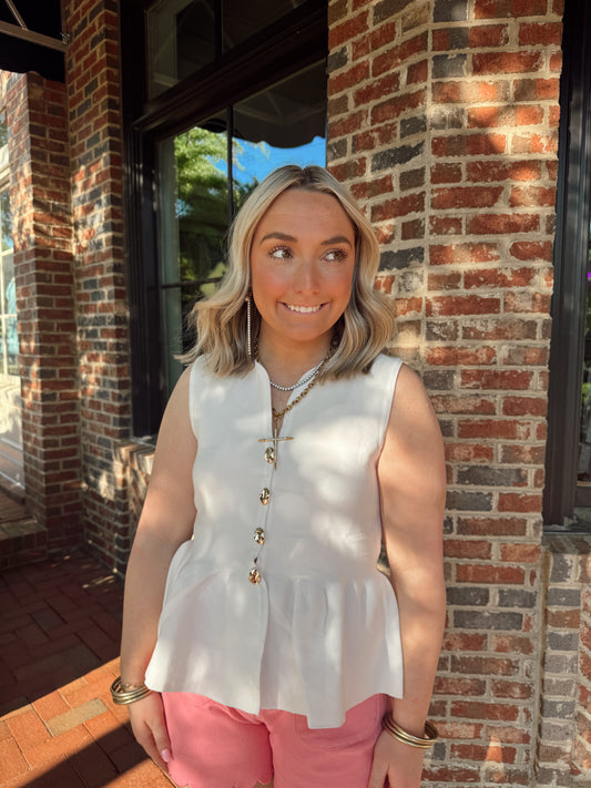 White & Gold V Neck Peplum Top