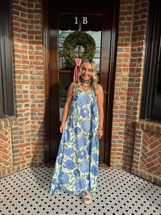 Strapless Blue Floral Maxi Dress (Convertible Scarf)