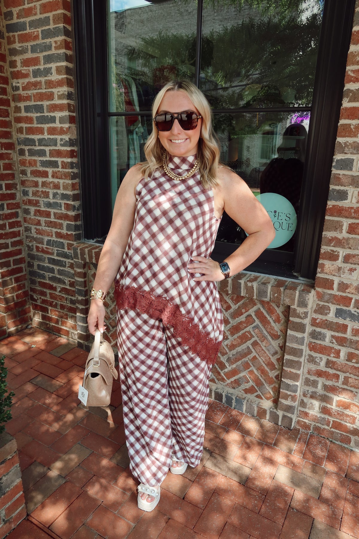 Merlot Checkered Lace Top & Pant Set