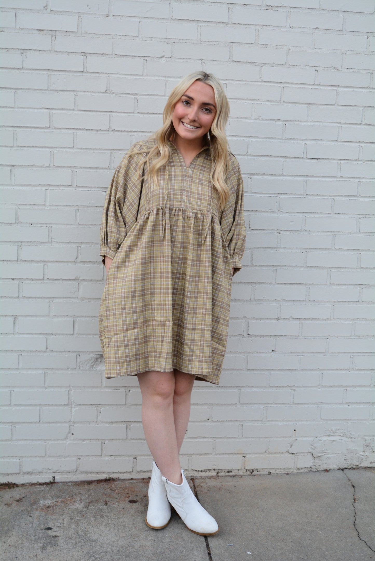 Plaid Mocha Balloon Sleeve Dress