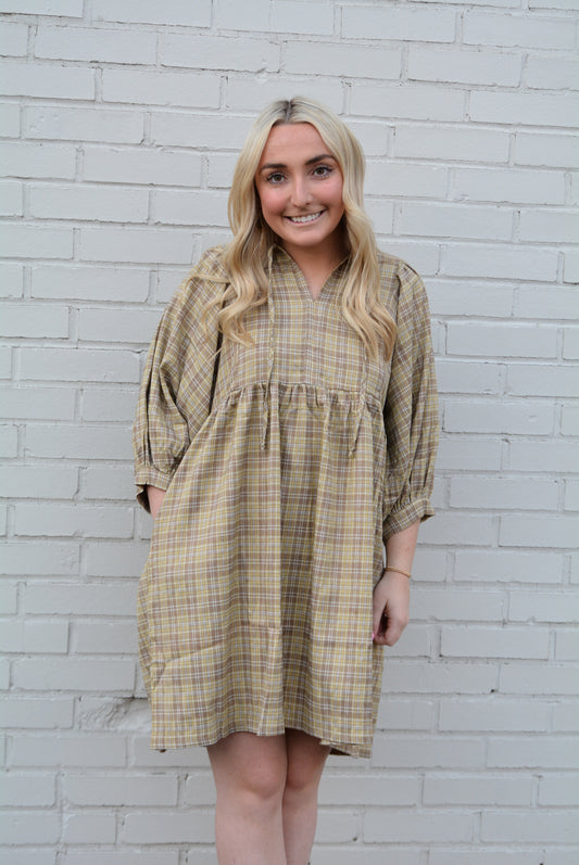 Plaid Mocha Balloon Sleeve Dress