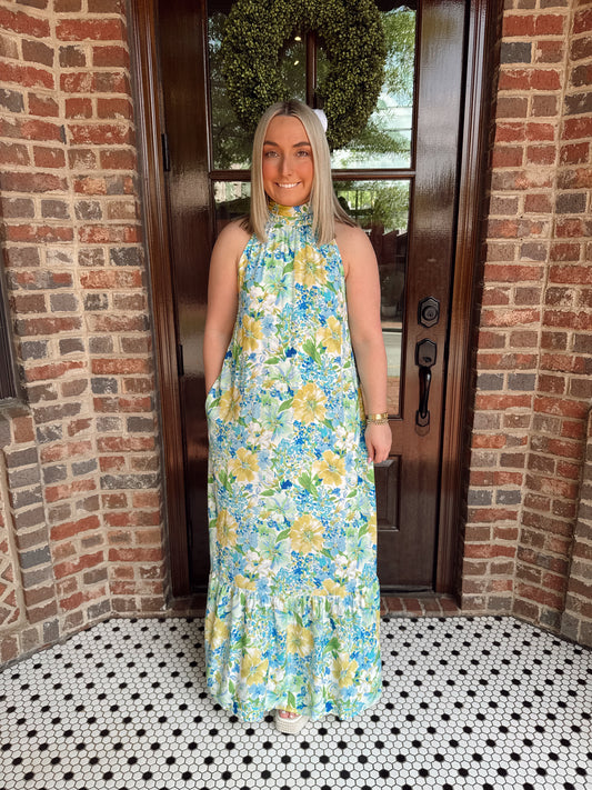 Oceanside Floral Halter Mock Neck Maxi Dress