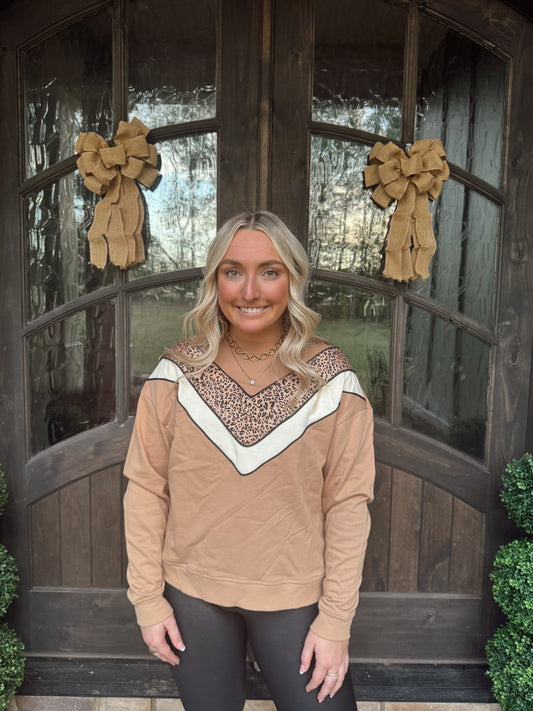 Camel Leopard V-Striped Sweatshirt