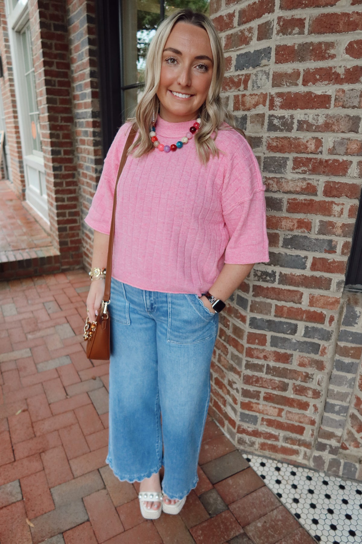 Pink Ribbed Short Sleeve Knit Top