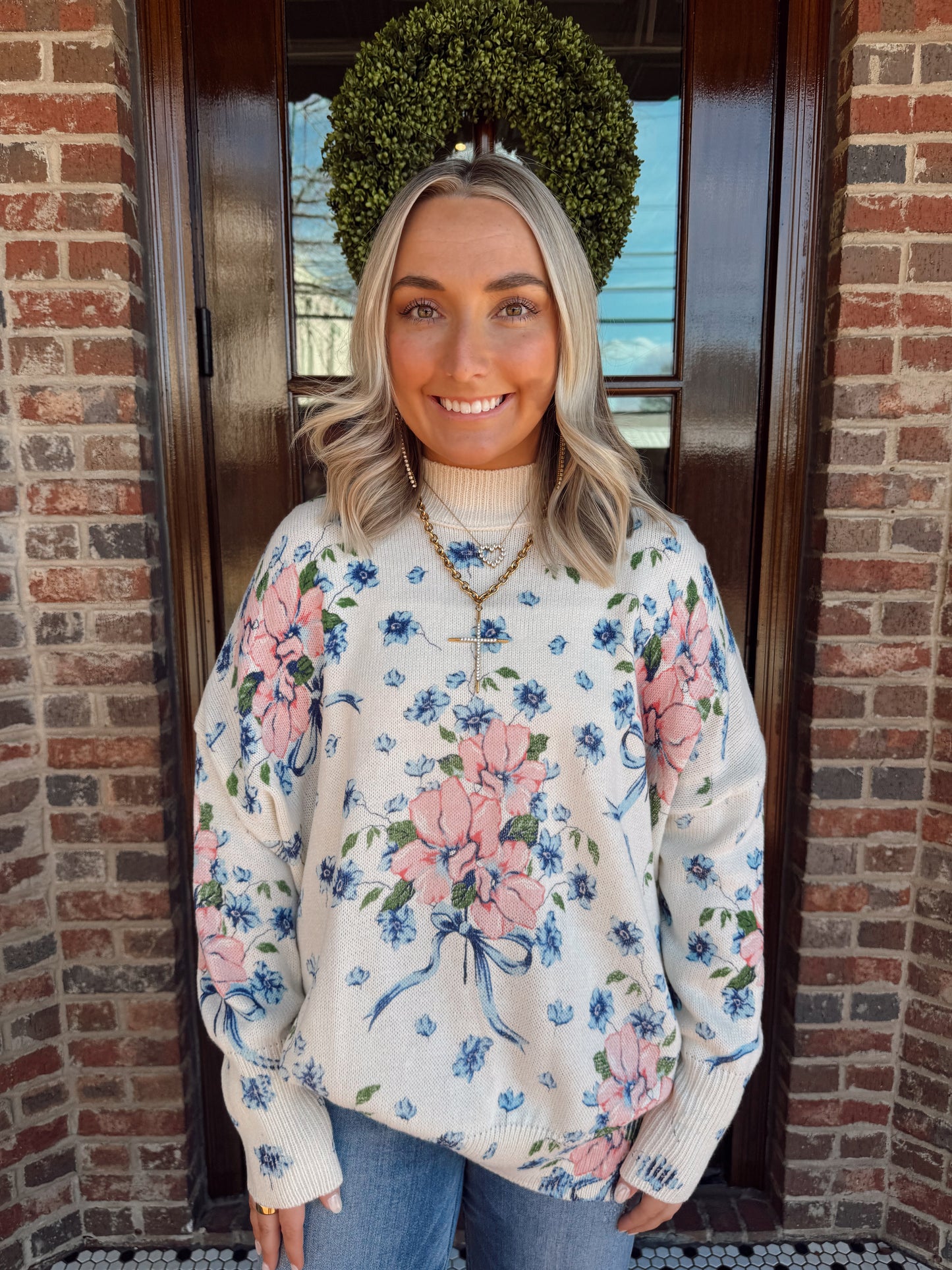 Floral Print Mock Neck Sweater