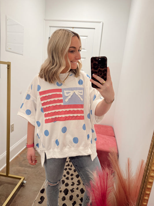 Oversized Bow Flag Blue Polka Dot Tee