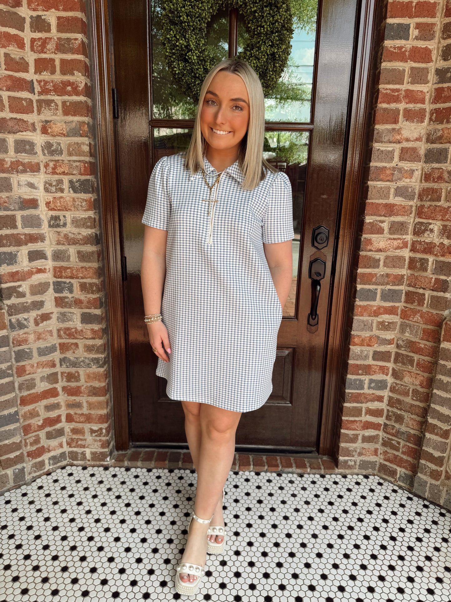 Blue Gingham Half Zip Mini Dress