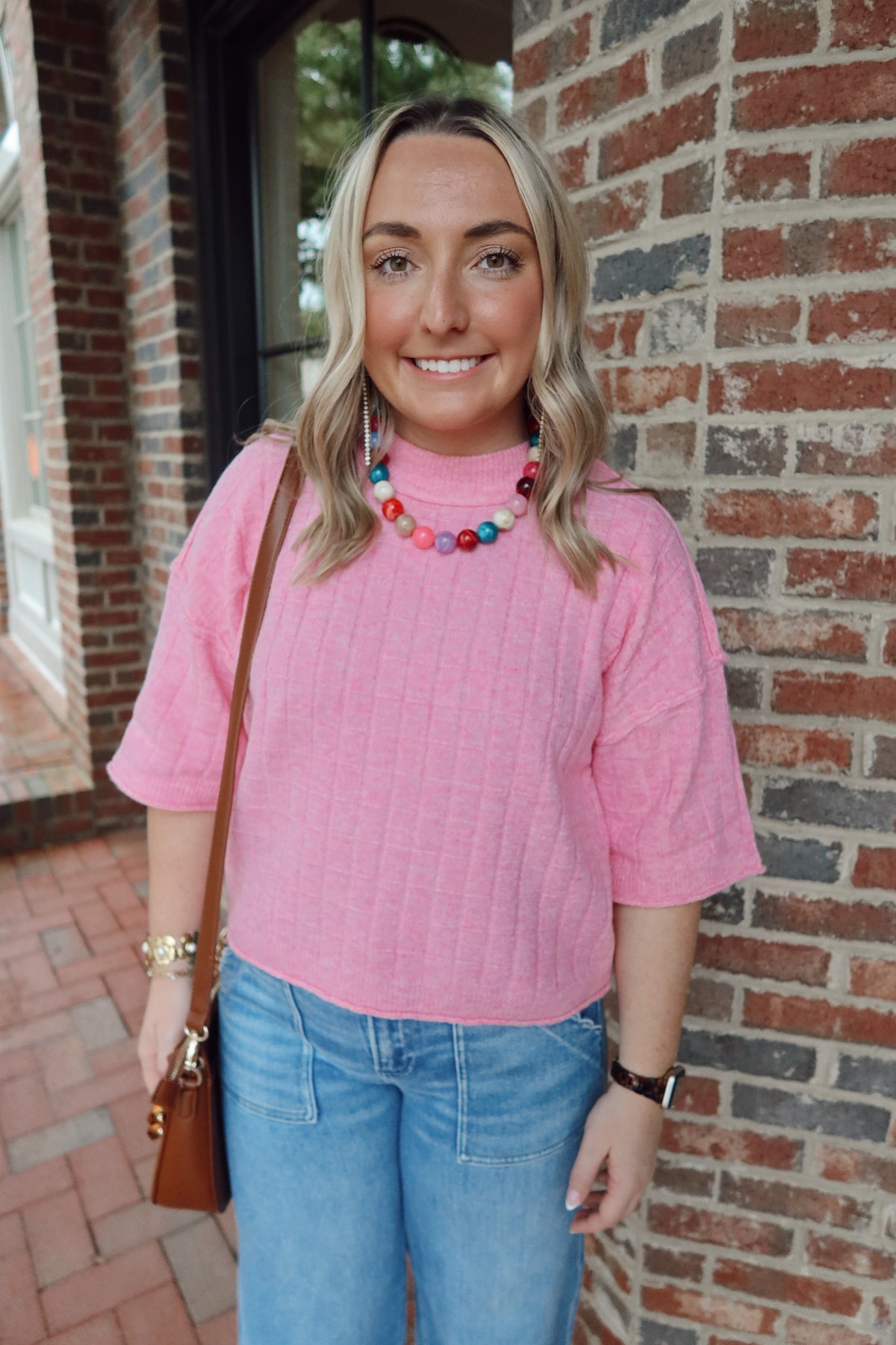 Pink Ribbed Short Sleeve Knit Top
