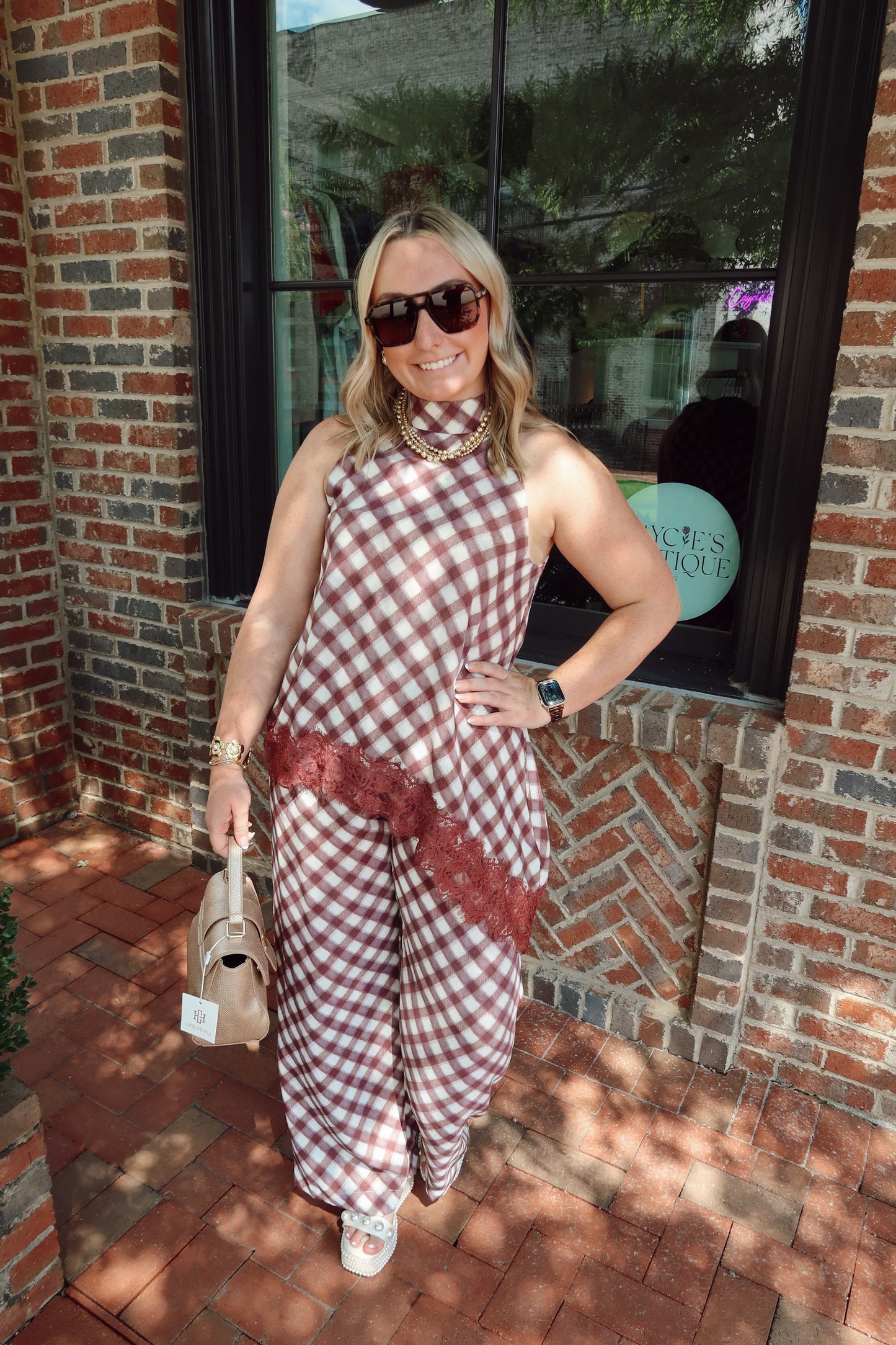 Merlot Checkered Lace Top & Pant Set